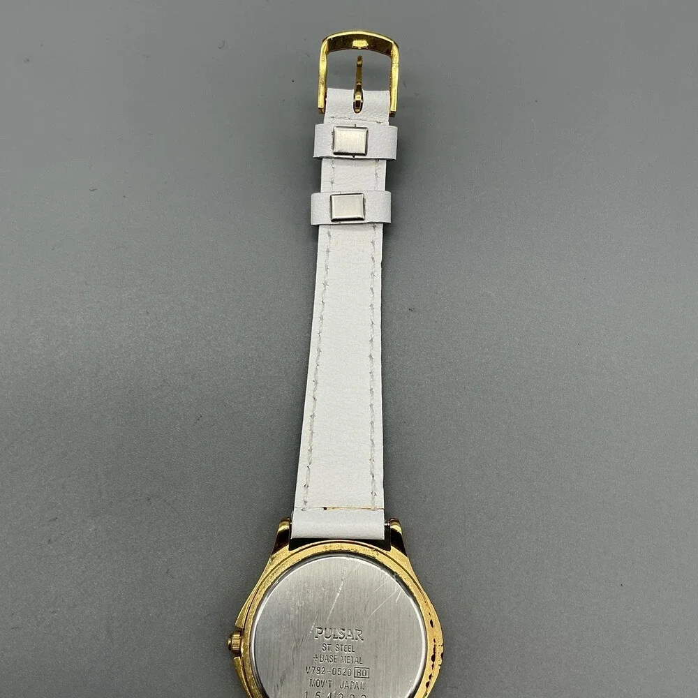 Pulsar V782-0E30 Womens Watch 28mm Gold Tone White Leather New Battery